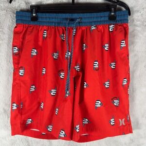 Hurley Mens Swim Trunks Red‎ Shaka Hand Print Elastic Waist Drawstring M